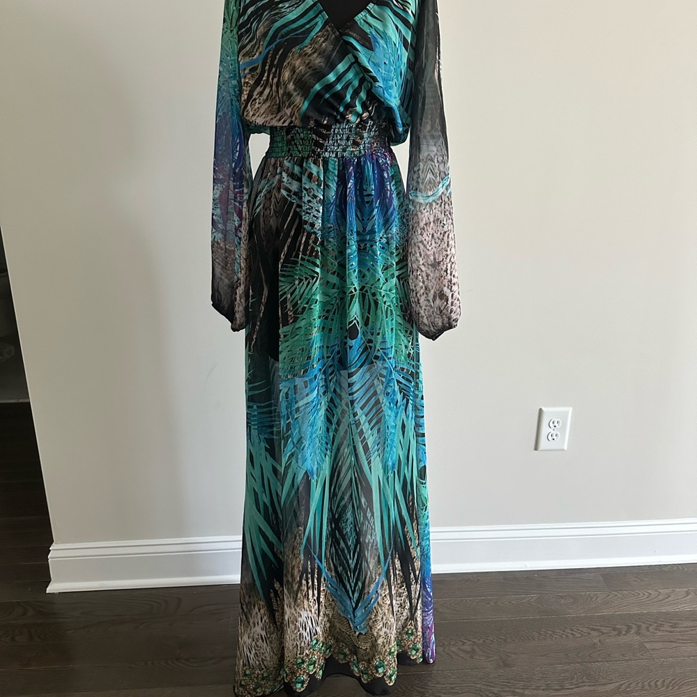 Arden B Blue and Black Wrap Gown with Bishop Sleeves